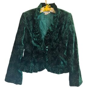 Kay Unger Green Velvet Embroidered Ruffle Blazer Jacket Jewel Sz 8 Steampunk Vtg
